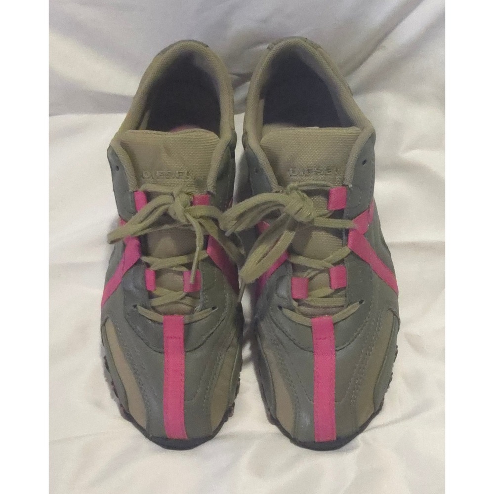 Diesel Cracker Sneakers Olive Green Pink Leather Low Top Y2K Shoes Womens 7 EUC